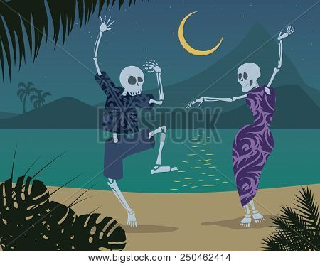 Dancing Tropical Island Skeletons On Vacation Moonlit Beach