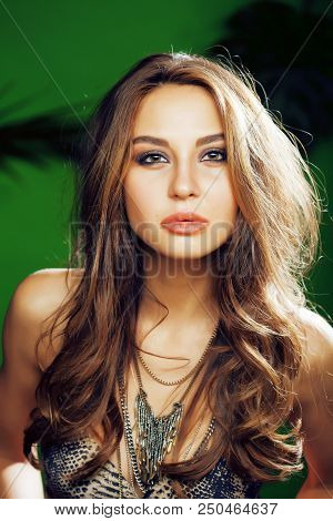 Young Cute Blonde Woman On Green Palm Background Smiling Happy, Lifestyle Peole Concept Close Up
