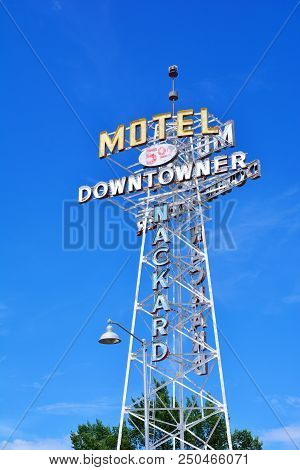 Flagstaff, Az - July 23, 2017: Neon Sign Of The Downtowner Motel, One Of The Old Former Hotels Along