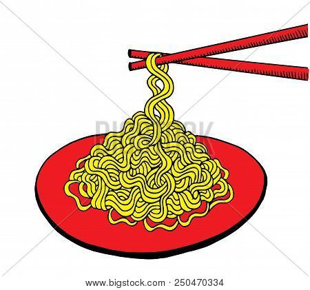 Yellow Noodle At Plate, Doodle Style Illustration, Hand Drawing