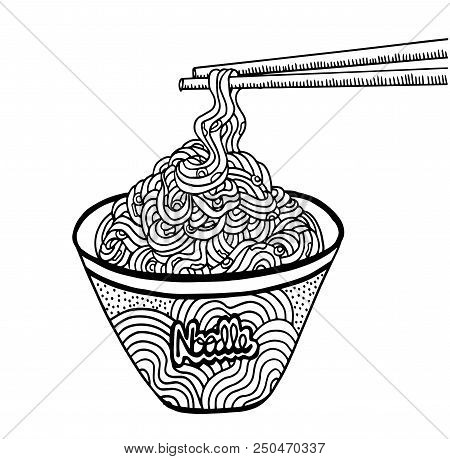Black And White Doodle Noodle At Bowl And Stick. Hand Drawing