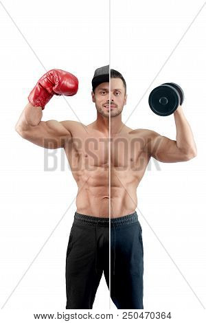 Photo Comparison Of Boxer And Fitnesstrainer Professions. Bodybuilder Holding Heavy Dumbbell, Wearin