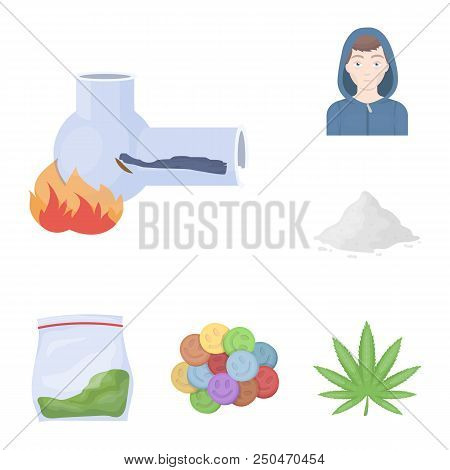 Drug Addiction And Attributes Cartoon Icons In Set Collection For Design. Addict And Drug Vector Sym