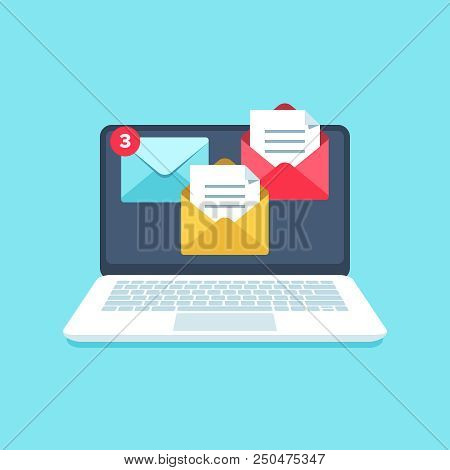 Flat Email Messages Inbox Notification. Laptop Computer Screen Alertness Sms Marketing Computer Noti