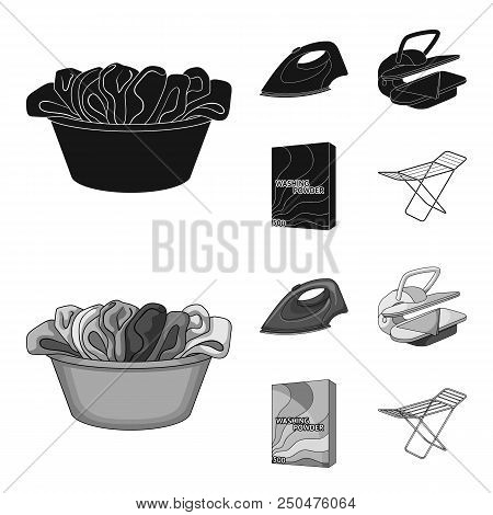 A Bowl With Laundry, Iron, Ironing Press, Washing Powder. Dry Cleaning Set Collection Icons In Black