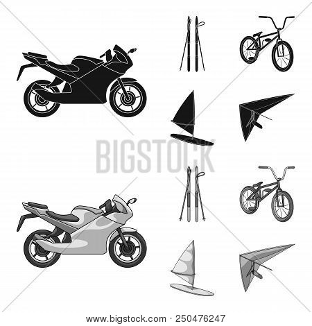 Motorcycle, Mountain Skiing, Biking, Surfing With A Sail.extreme Sport Set Collection Icons In Black