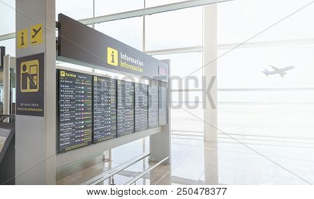 Timetable Display In A European Airport Showing Flights Departur