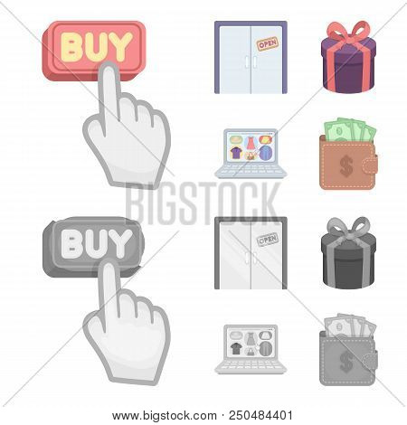 Hand, Click, Elevator, Gift, Box, Door, Online Store And Other Equipment. E Commerce Set Collection 