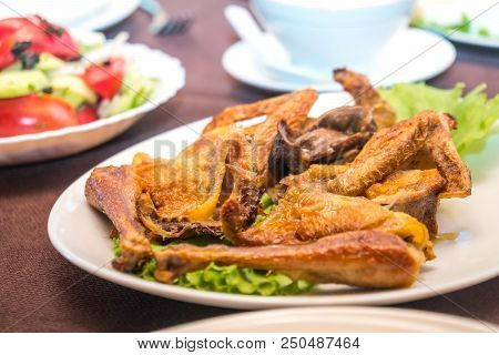 Roasted Chicken On The Plate, Chicken Tabaka, Georgian Cuisine