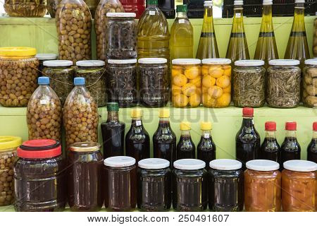 Pickled Vegetables And Oil In Jars Ready For Winter