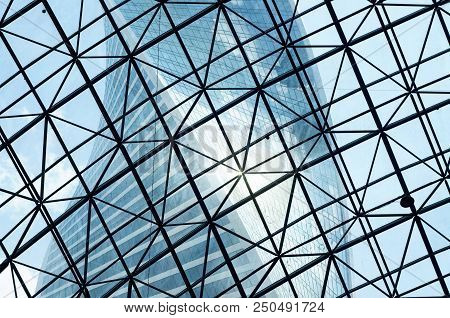 Moscow, Russia - July 04, 2016: View On The Evolution Tower Through The Dome In Shopping Mall At Mos