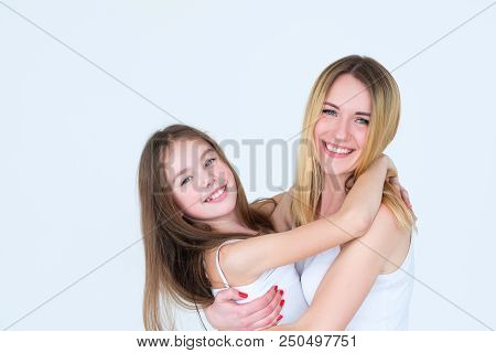 Bff And Togetherness. Family Loving Hug. Mother And Little Girl Embrace. Happy Parent Child Relation