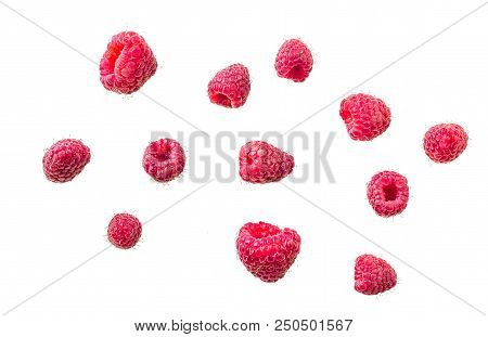 Collection Of Ripe Red Raspberries Isolated On White Background