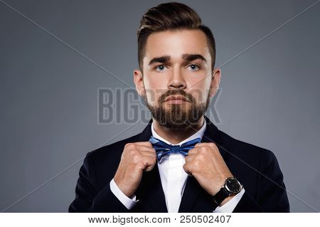 Stylish Handsome Man Wearing A Classic Suit With Bow-tie