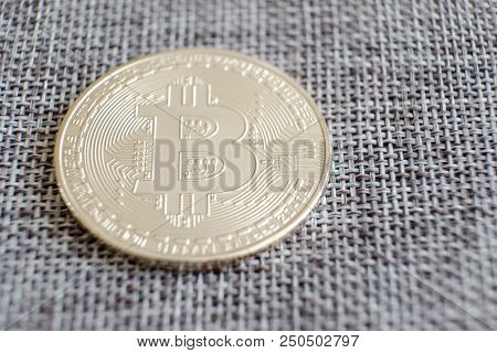Silver Bitcoin With Reflex And Retro Map Background. Bit Coin Cryptocurrency Banking Money Transfer 