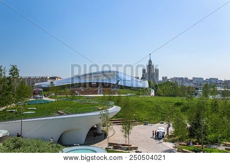 Moscow, Russia, May 13, 2018 Zaryadye Landscape Park In The Center Of Moscow