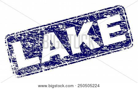 Lake Stamp Seal Watermark With Grunge Texture. Seal Shape Is A Rounded Rectangle With Frame. Blue Ve