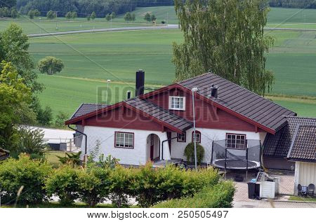 Typical small town in Southern Norway. June 19,2018. Rakkestad, Ostfold Region. Norway