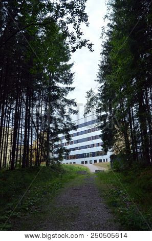 View of architecture of the Ostfold Regional Hospital. June 17,2018. Osfold Region, Norway
