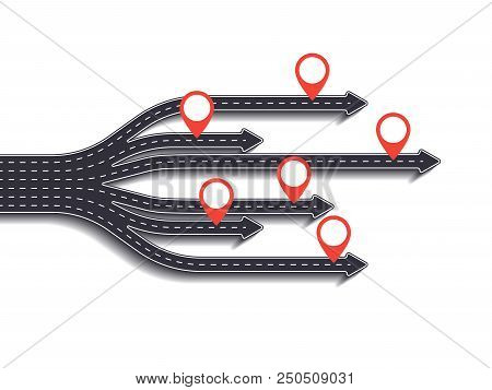 Road Trip, Journey Route And Road To Success. Business And Journey Infographic With Pin Pointer. Sty