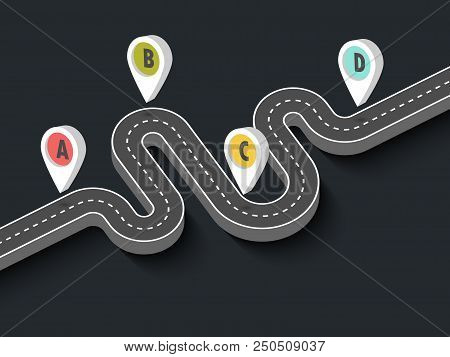 Road Trip And Journey Route. Business And Journey Infographic Design Template With Pin Pointer. Wind