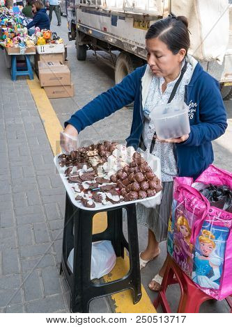 Peru July 2018 One Of The Many Stalls Of Chocolate, Typical Product Of The Peru. Candies And Chocola