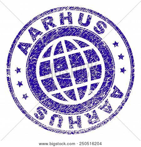 Aarhus Stamp Print With Distress Texture. Blue Vector Rubber Seal Print Of Aarhus Label With Grunge 