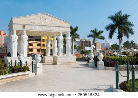Peru July 2018 View Of  Muses Park In Chiclayo. This Pretty Park Is Interesting Because Of The Statu