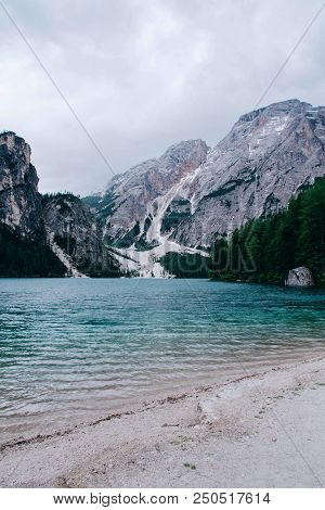 Beautiful View Of Lago Di Braies Or Pragser Wildsee, Trentino Alto Adidge, Dolomites Mountains, Ital