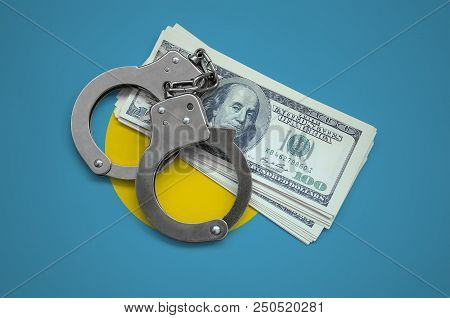 Palau Flag  With Handcuffs And A Bundle Of Dollars. Currency Corruption In The Country. Financial Cr