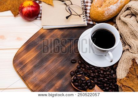 Cup Of Hot Coffee With Toast For Autumn Season Warm Drink. Fall Harvest Cornucopia. Copy Space On Wo