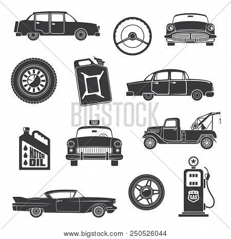 Retro Cars And Vintage Automobile Concept Icons. Vector Isolated Set Of Retro Taxi Cab Or Loader Tru