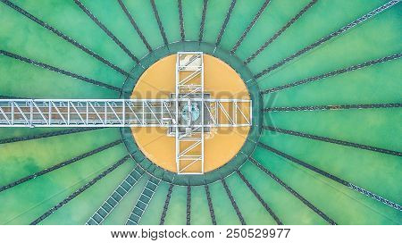 Aerial Top View Recirculation Solid Contact Clarifier Sedimentation Tank, Water Treatment Plant.