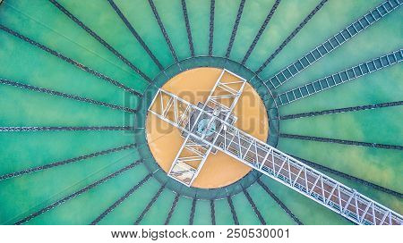 Aerial Top View Recirculation Solid Contact Clarifier Sedimentation Tank, Water Treatment Plant.