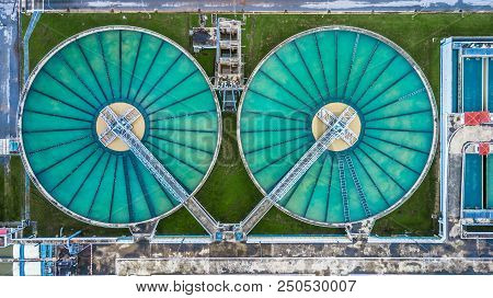 Aerial Top View Recirculation Solid Contact Clarifier Sedimentation Tank, Water Treatment Plant.