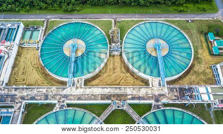 Aerial Top View Recirculation Solid Contact Clarifier Sedimentation Tank, Water Treatment Plant.