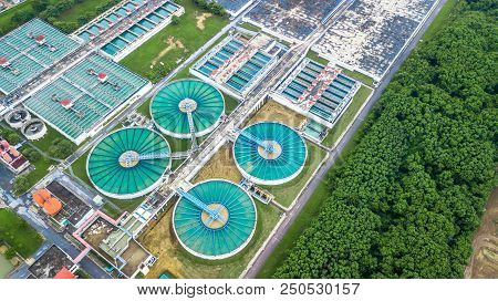 Aerial Top View Recirculation Solid Contact Clarifier Sedimentation Tank, Water Treatment Plant.