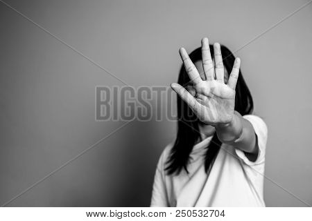 Woman Raised Her Hand For Dissuade, Campaign Stop Violence Against Women. Asian Woman Raised Her Han