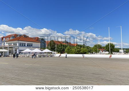 Sopot, Poland - June 6, 2018: Wooden Sopot Pier In Sunny Day. It Is The Longest Wooden Pier In Europ