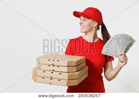 Delivery Woman In Red Cap, T-shirt Giving Food Order Italian Pizza In Cardboard Flatbox Boxes Isolat