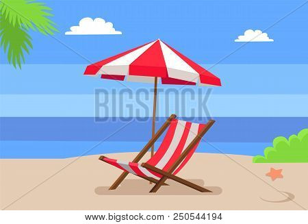 Seaside And Hammock-chair Under Umbrella, Palm Tree Leaves Seastar On Hot Sand, Seascape View, Backg