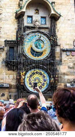 Prague, Czech Republic -july 23,2017: Back View Of Crowd Of Tourists Waiting For The Chiming Of The 