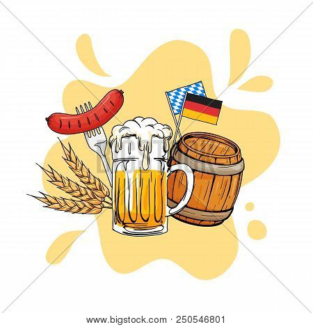 Oktoberfest Hand Drawn Vector Illustration. Munich Beer Festival Concept With Vintage Old Style Desi