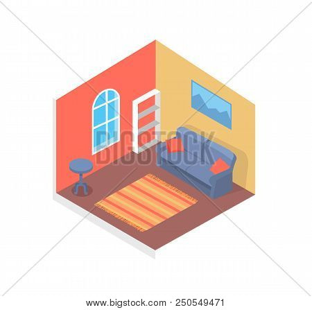 Building Inside Poster With Sofa And Inner Interior, Cushions And Table, Carpet And Picture On Wall 