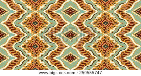 Ikat Seamless Pattern. Vector Tie Dye Shibori Print With Stripes And Chevron. Ink Textured Japanese 