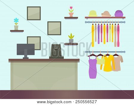 Cute Female Clothing Store Vector Illustration Lot Of Vogue And Stylish Dresses Shirts Accessories E