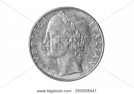 100 Italian Lire Coin Close-up From 1980s Italy, Graduated Head Side With Laurel Icon. Isolated On W