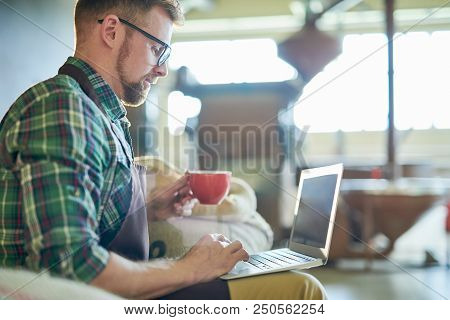 Side View Portrait Of Modern Entrepreneur Using Laptop In Small Roastery House Holding Cup Of Coffee
