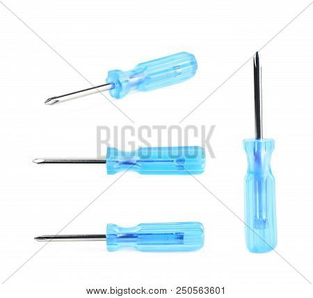 Tiny Crosshead Screwdriver With A Plastic Blue Handle, Isolated Over The White Background, Set Of Fo