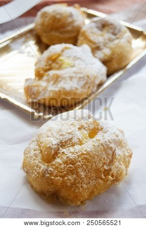 Italian Cream Puff Stuffed With Custard Typical Of Father Day And Called Puff Of St Joseph